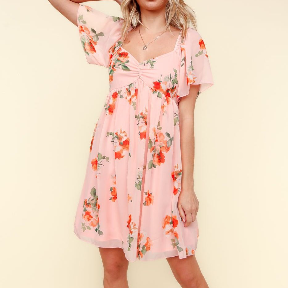 peach floral chiffon dress Women's Peach Floral Chiffon Frill Hem Long Sleeve Dress