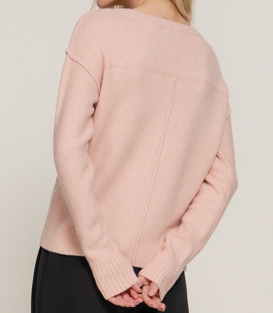 Stormy Afternoon Seam Detailing V - Neck Sweater in Pink - Colbert Clothing