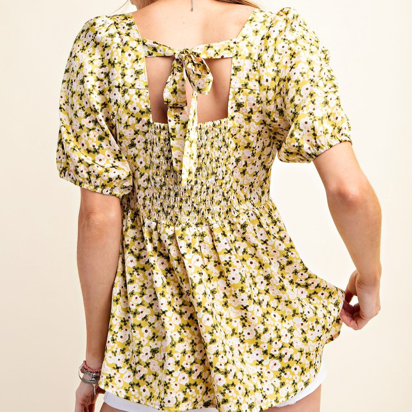 Posy Print Puff Sleeve Blouse in Mustard