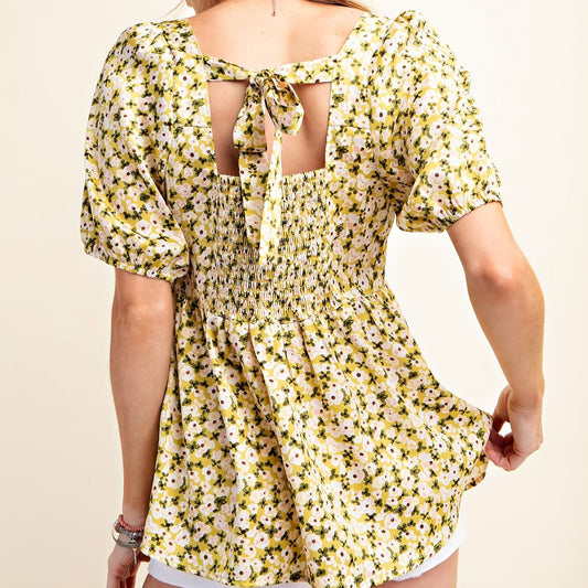 Posy Print Puff Sleeve Blouse in Mustard