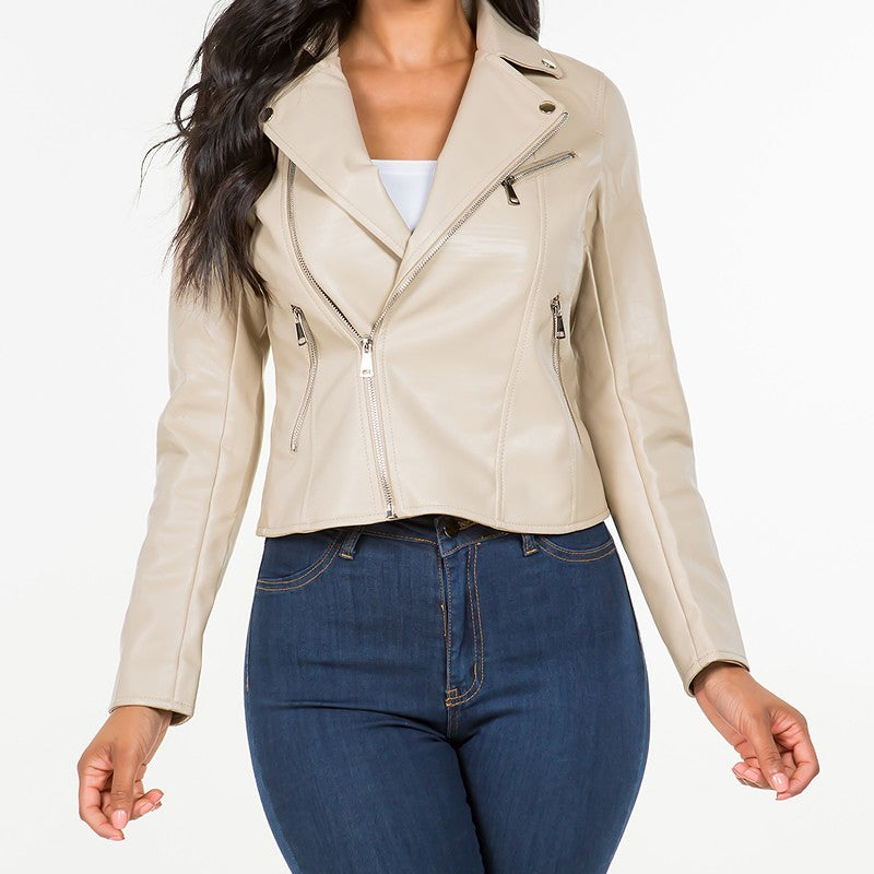 Asymmetric Faux Leather Jacket in Beige 2062