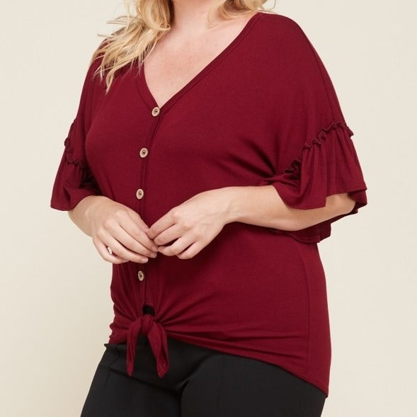 Buttons and Bows Ruffle Sleeve Top in Burgundy PLUS