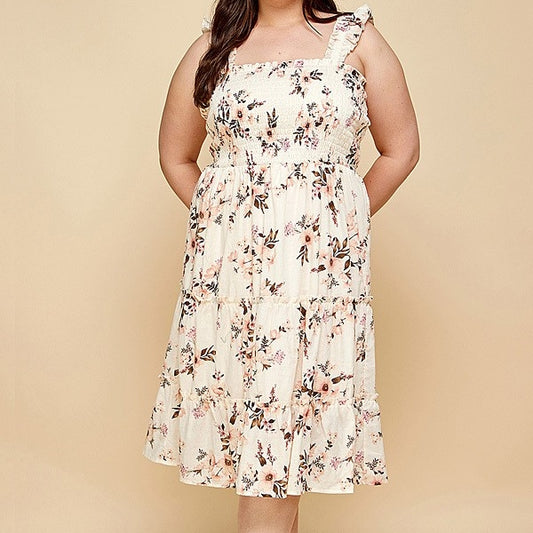 Floral Smocked Dress in Ivory PLUS