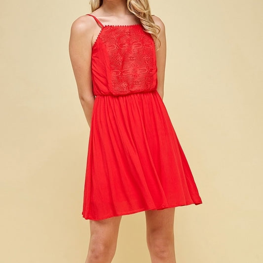 Red Strappy Dress with Lace Bodice