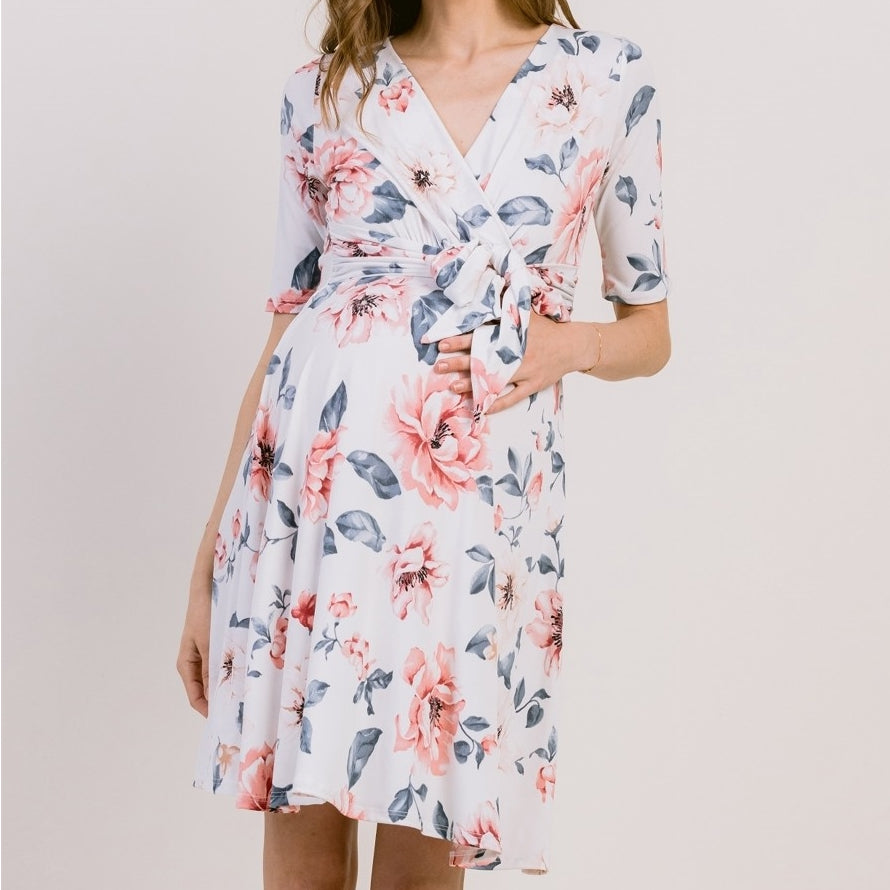 white floral maternity dress Hello Miz Maternity Floral Short Sleeve Nursing Wrap Dress with Tie Waist
