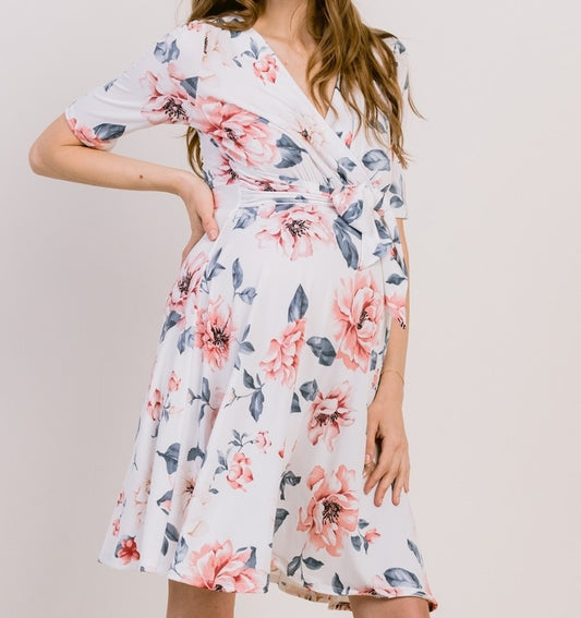 Be My Baby Floral Surplice Dress in Off White MATERNITY