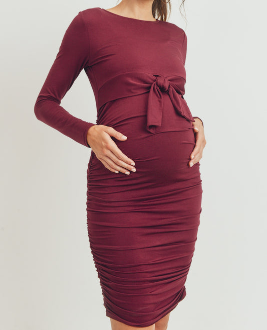 Burgundy Maternity Shirred Dress