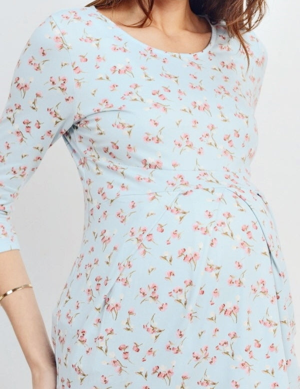 Pleated Maternity Top in Blue with Floral Print