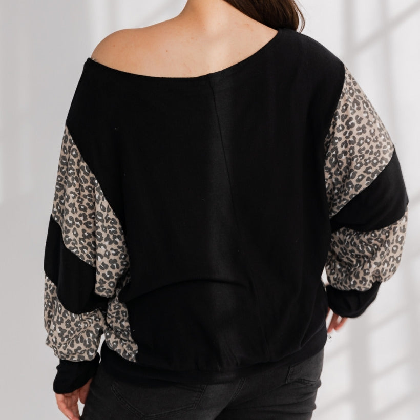 Contrast Animal Print Top PLUS - Opposites Attract Boat Neck Top