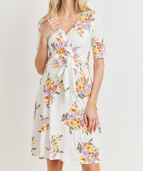 Be My Baby Floral Surplice Dress in White MATERNITY