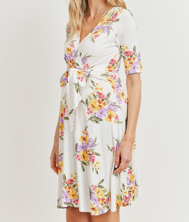 Be My Baby Floral Surplice Dress in White MATERNITY