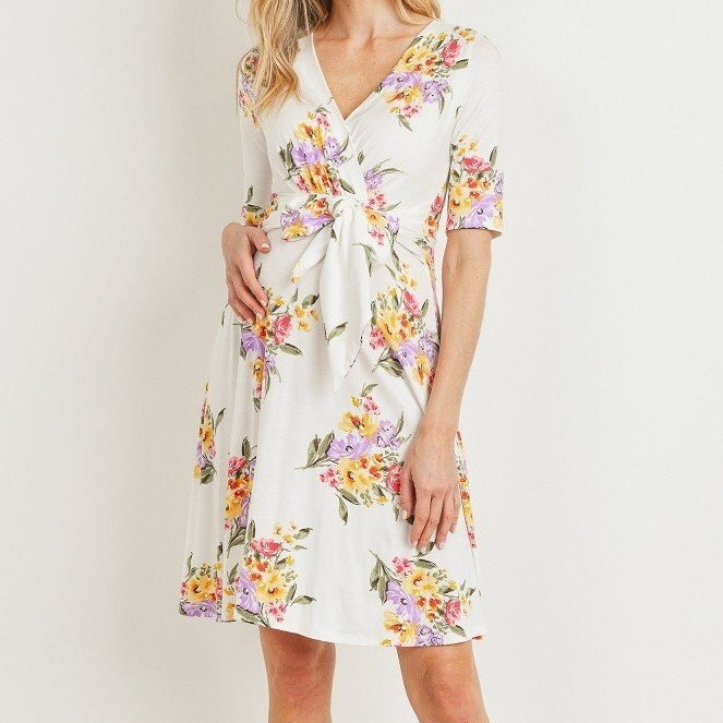 Be My Baby Floral Surplice Dress in White MATERNITY