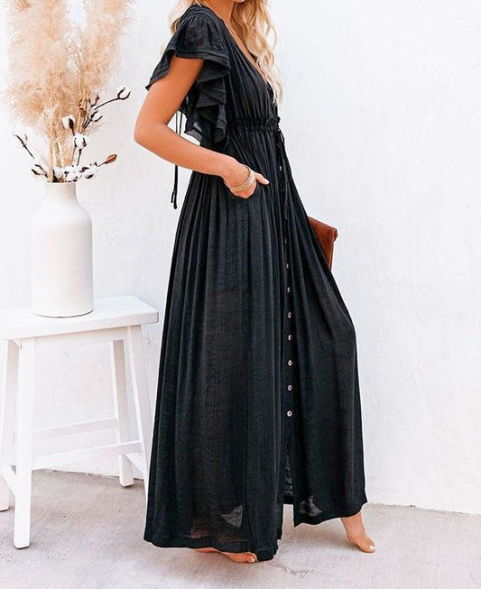 Ruffled Coverup Duster in Black