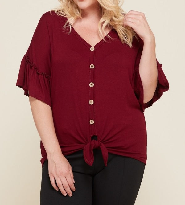 Buttons and Bows Ruffle Sleeve Top in Burgundy PLUS