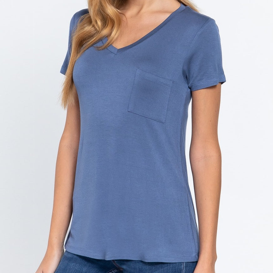 V is for Victory Relaxed Pocket Tee in Denim Blue