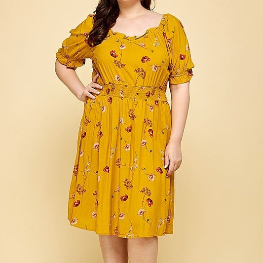 Floral Peasant Dress in Mustard PLUS