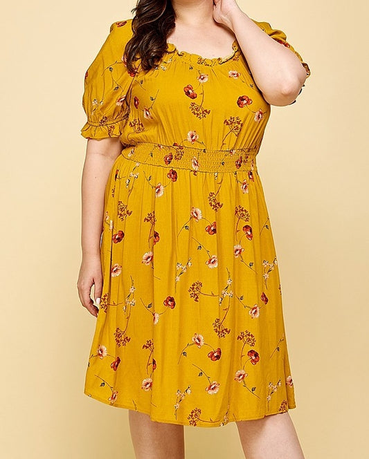 Floral Peasant Dress in Mustard PLUS