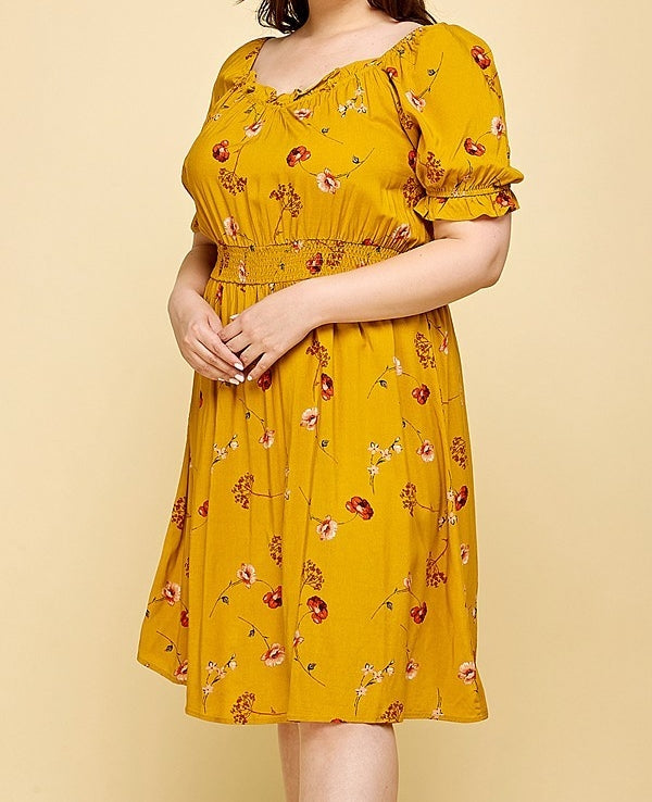 Floral Peasant Dress in Mustard PLUS