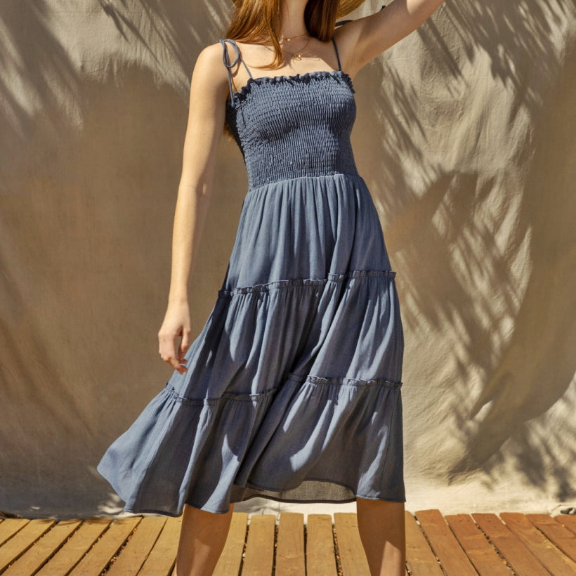Smocking Tiered Dress - Denim Blue Dress