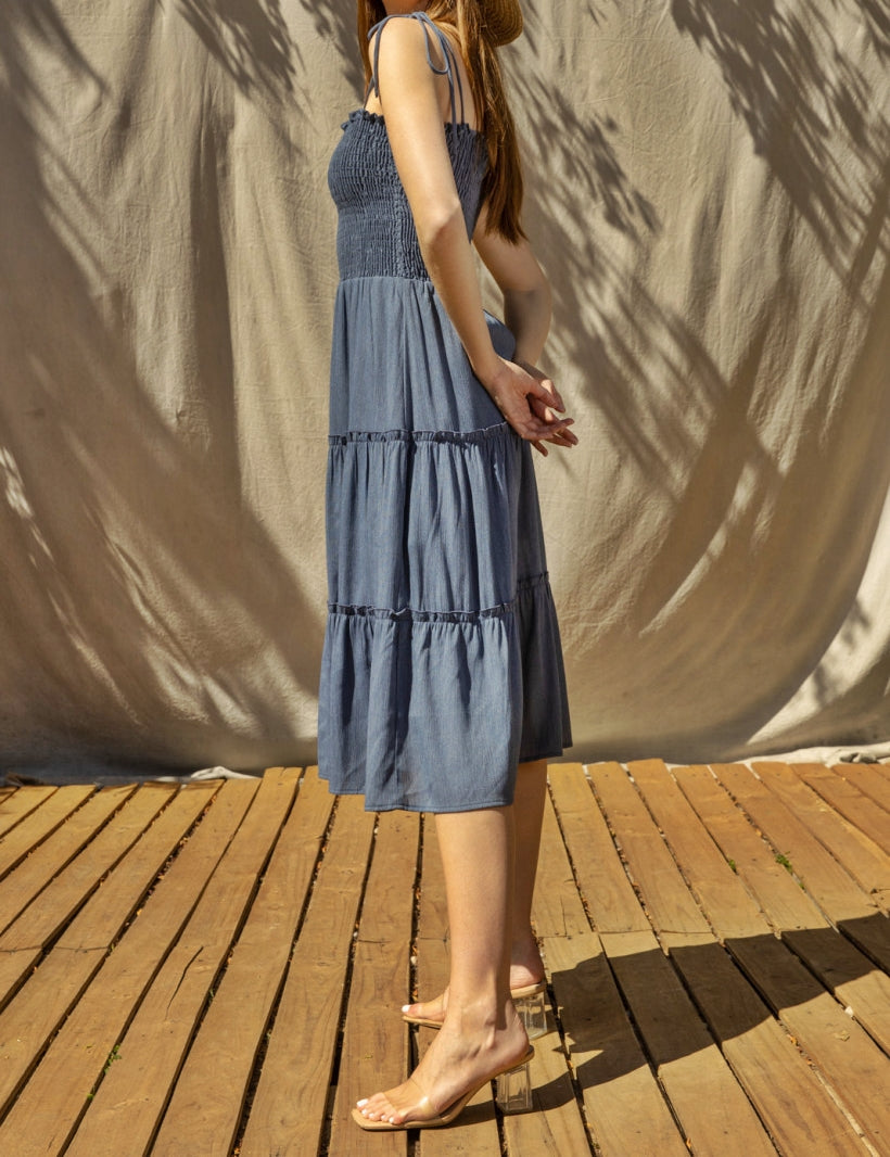 Smocking Tiered Dress - Denim Blue Dress