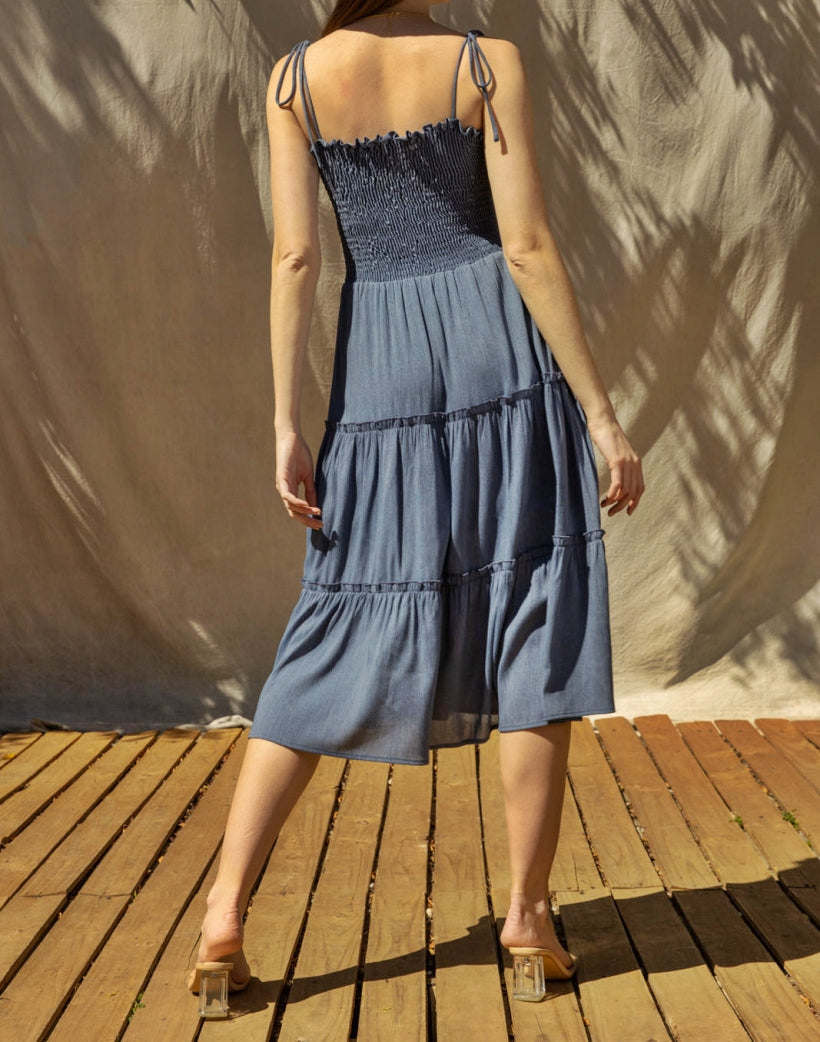 Smocking Tiered Dress - Denim Blue Dress