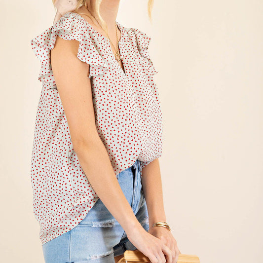 Ruffle Sleeve Heart Print Blouse