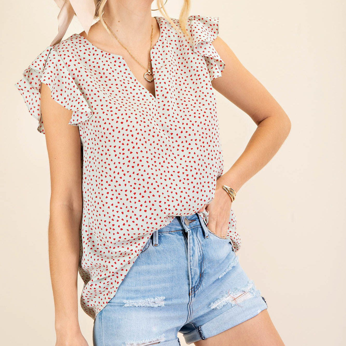Ruffle Sleeve Heart Print Blouse