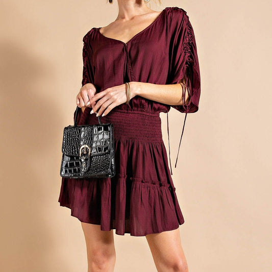 Dolman Sleeve Smocked Dress in Burgundy