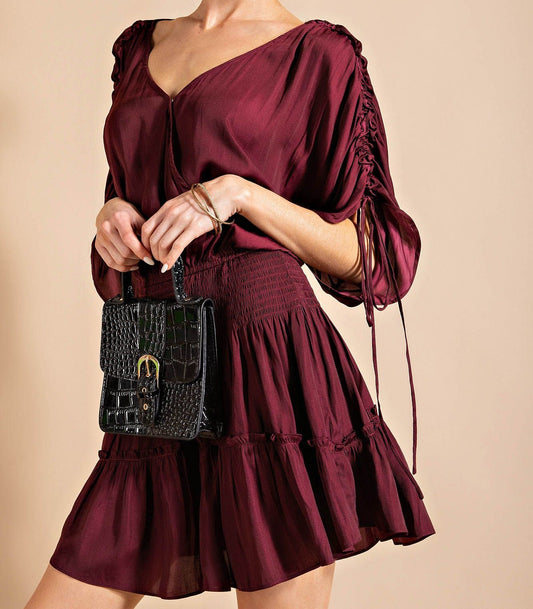 Dolman Sleeve Smocked Dress in Burgundy