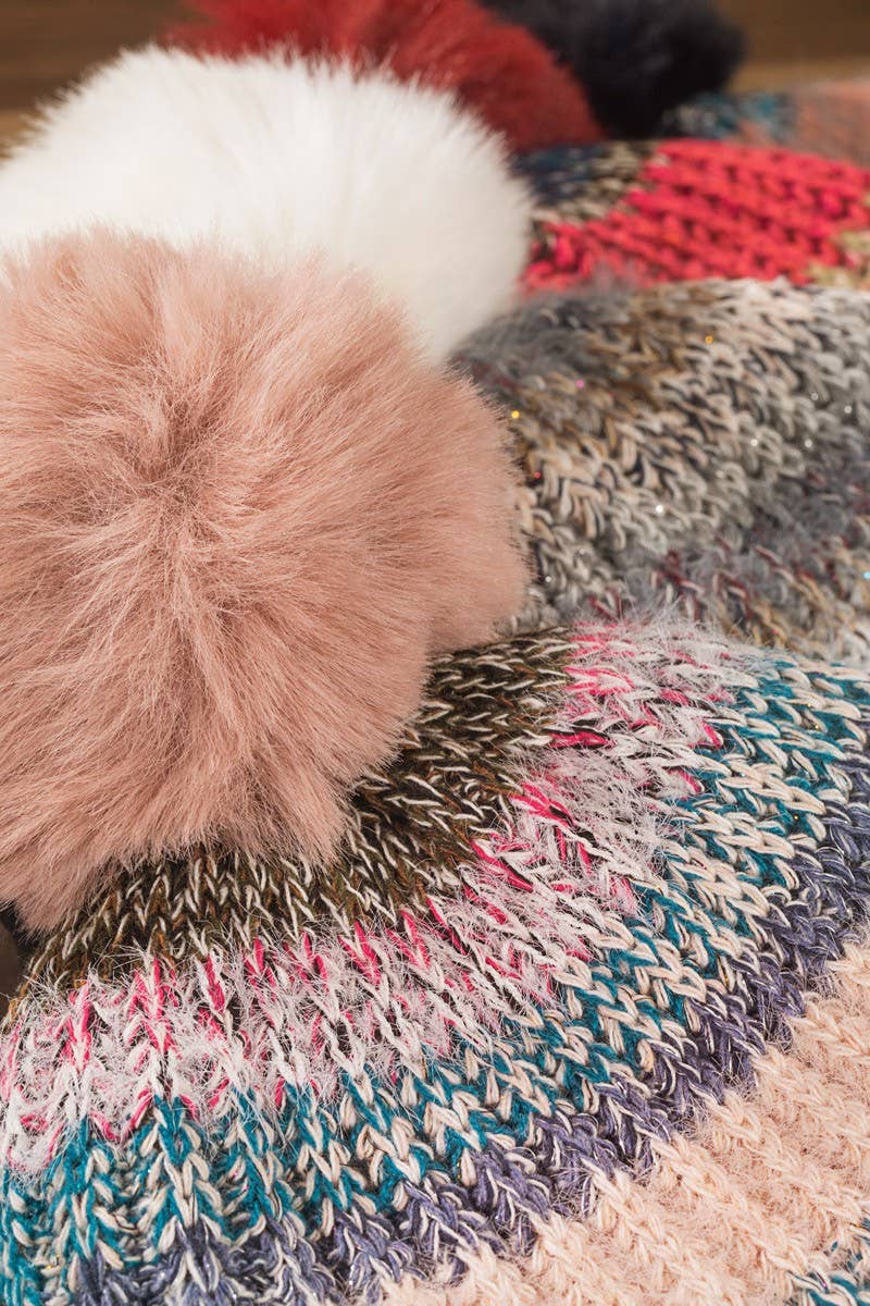 Pink Metallic Striped Pompom Beanie Stocking Cap