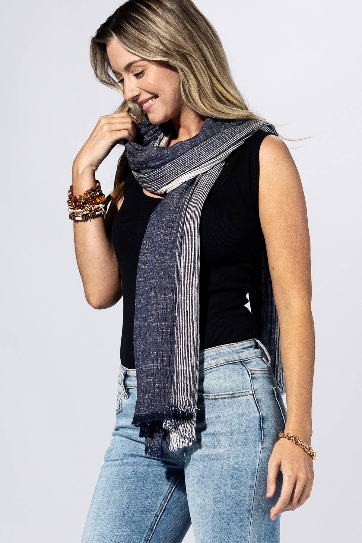 Dark Blue Stripe Fringe Scarf
