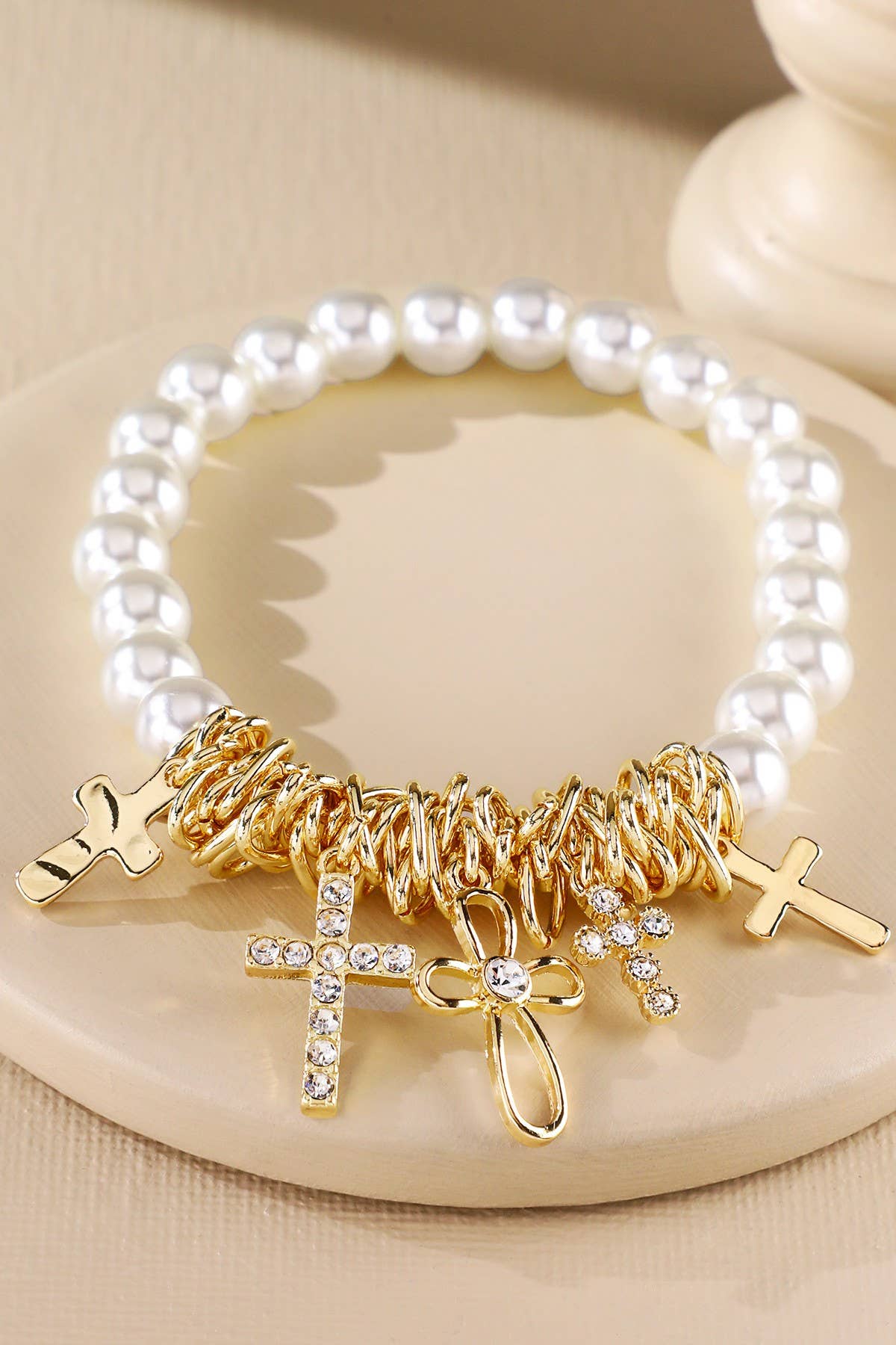 Pearl And Cross Charms Bracelet