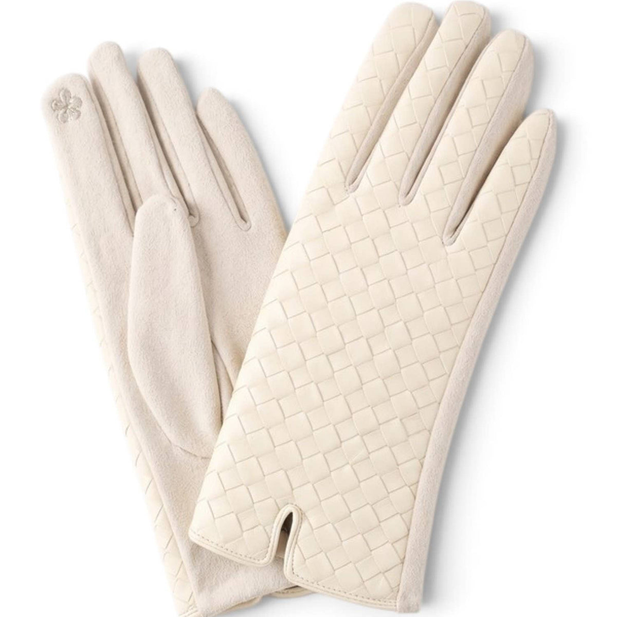 A pair of off-white leather gloves, one showing the smooth back and the other displaying a textured basketweave pattern on the fingers and palm, set against a plain white background.