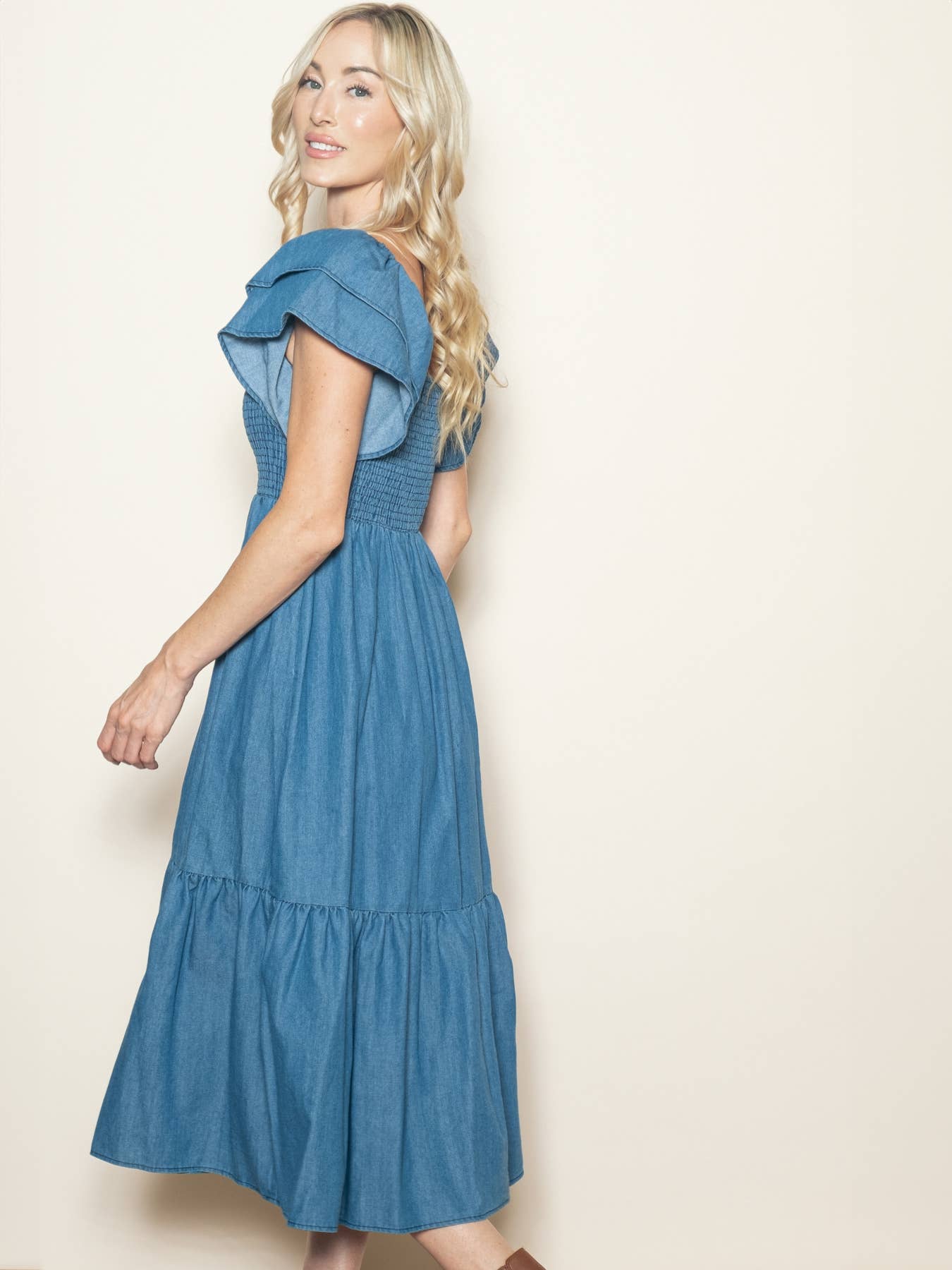 Vintage Wash Chambray Denim Flutter Sleeve Dress w Pockets