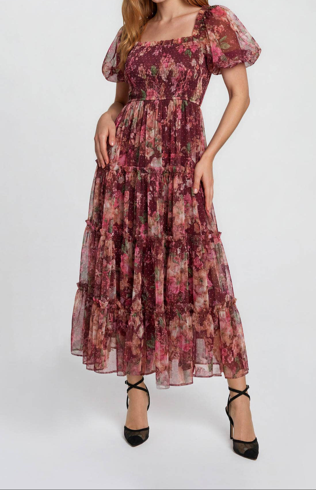 Floral Tulle Puff Sleeve Midi Dress in Burgundy 2880