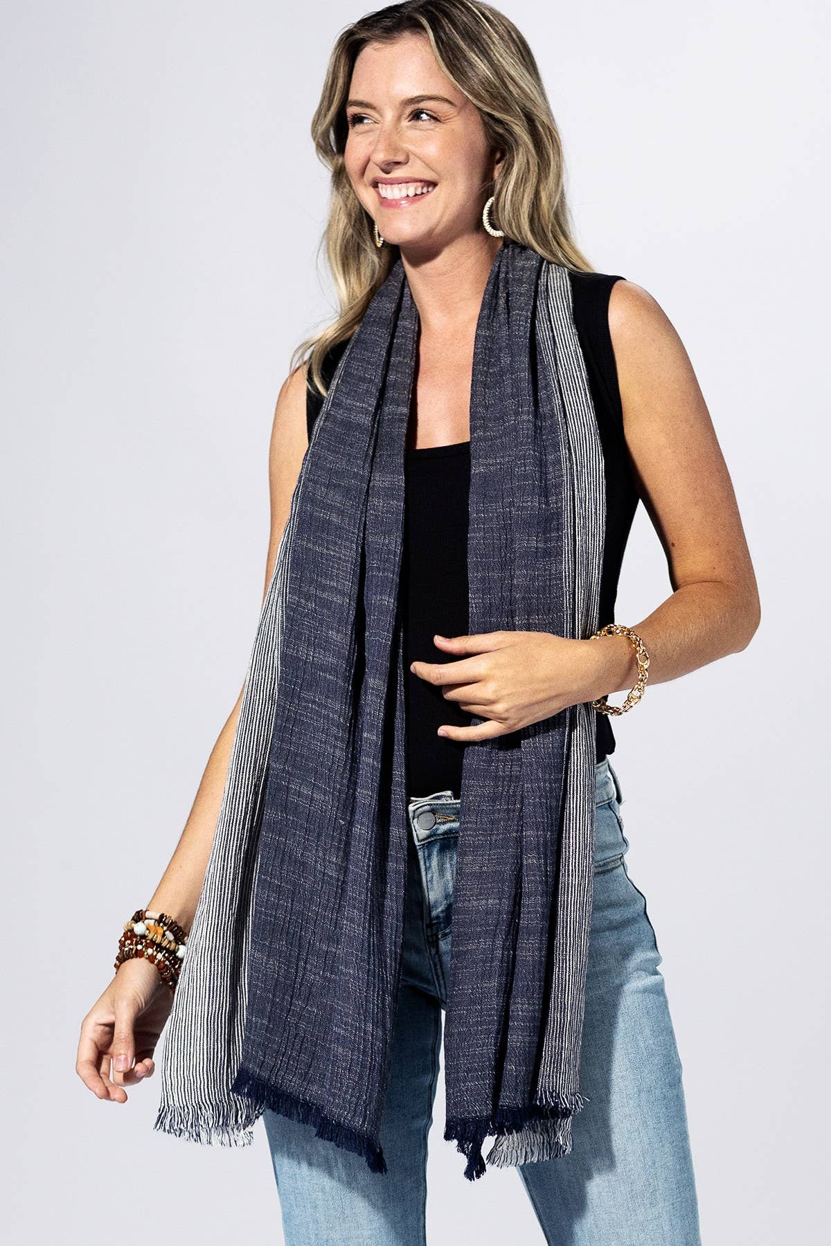 Dark Blue Stripe Fringe Scarf
