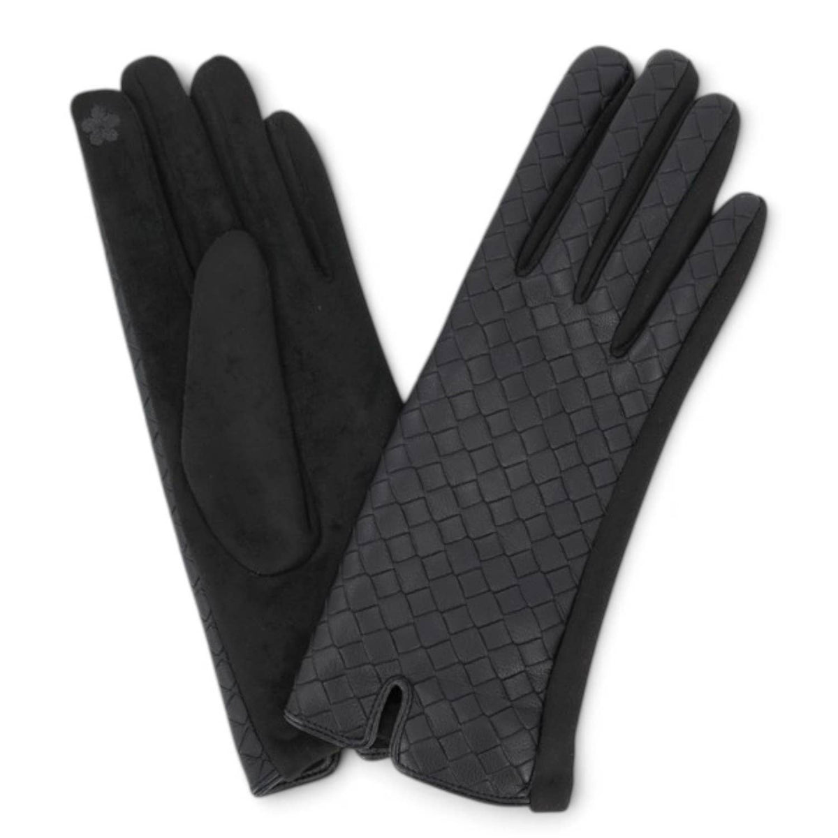 A pair of black leather gloves, one showing the smooth back and the other displaying the signature crocodile-embossed pattern on the back of the hand, set against a plain white background.