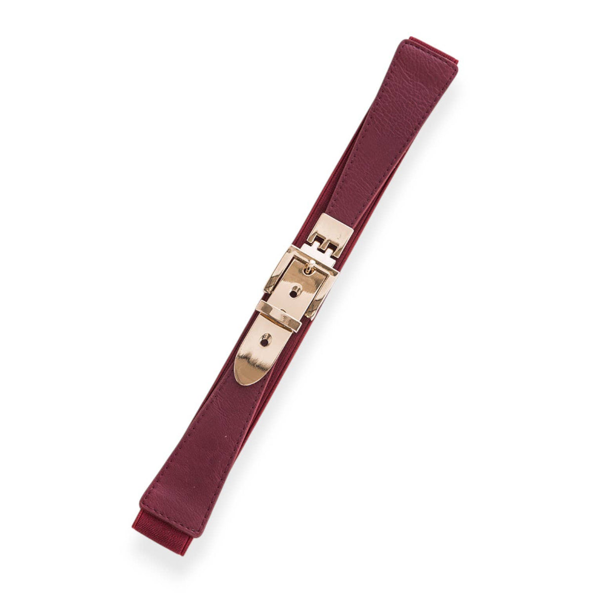 A burgundy leather belt with a gold-tone metal buckle, shown diagonally on a plain white background.