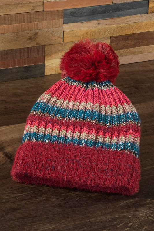 Burgundy Metallic Striped Pompom Beanie Stocking Cap