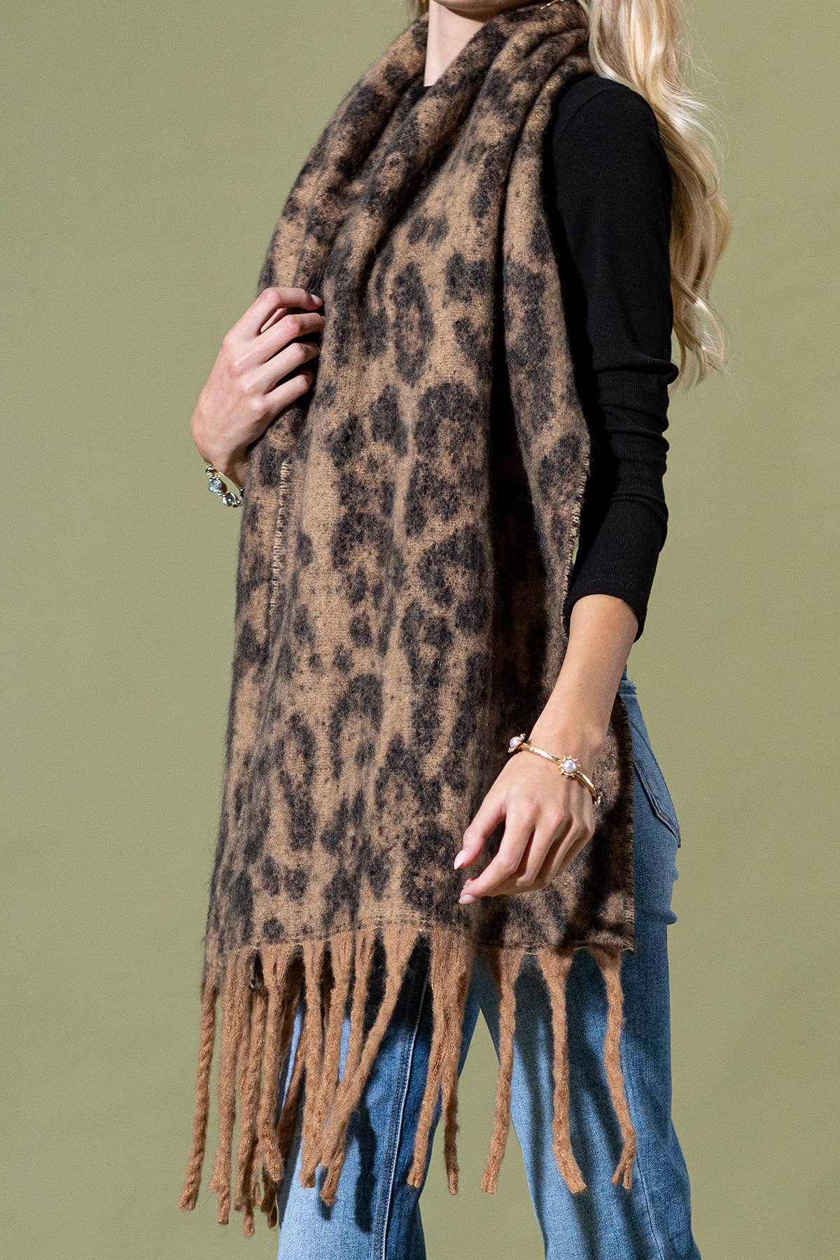 Taupe Leopard Print Fringed Scarf