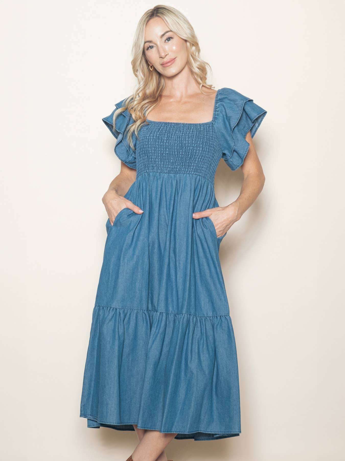 Vintage Wash Chambray Denim Flutter Sleeve Dress w Pockets