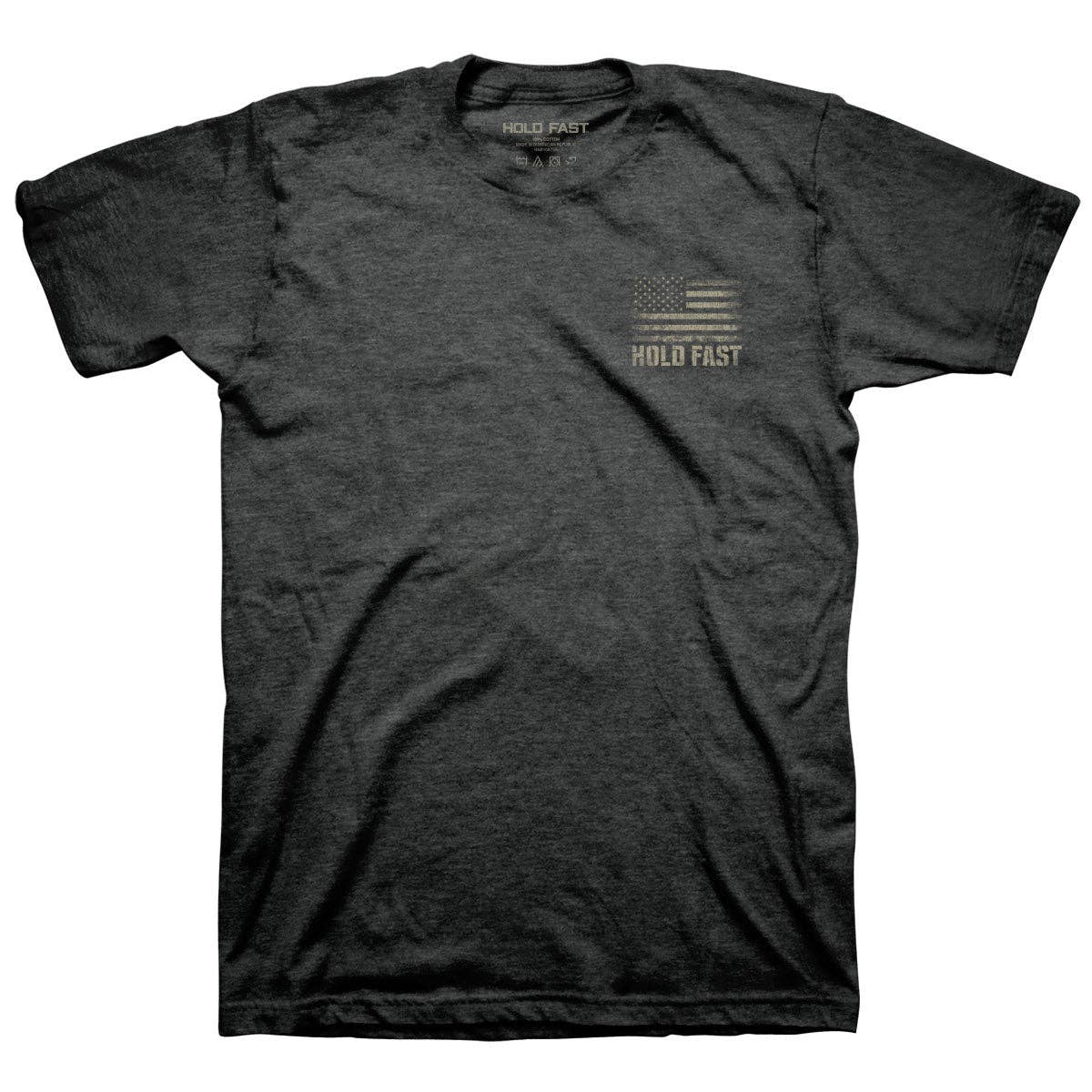 Dark gray t-shirt with an American flag design and 'Hold Fast' text on a light gray background