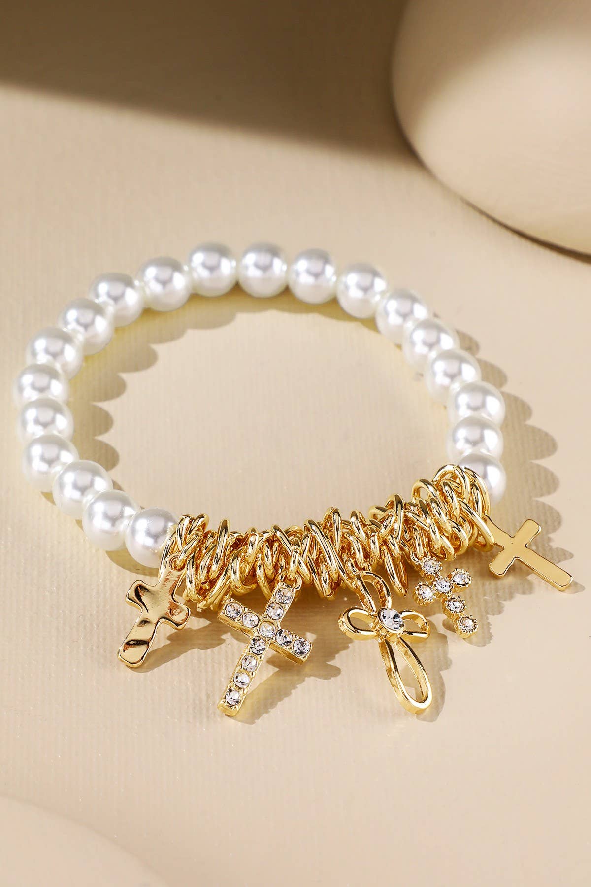 Pearl And Cross Charms Bracelet