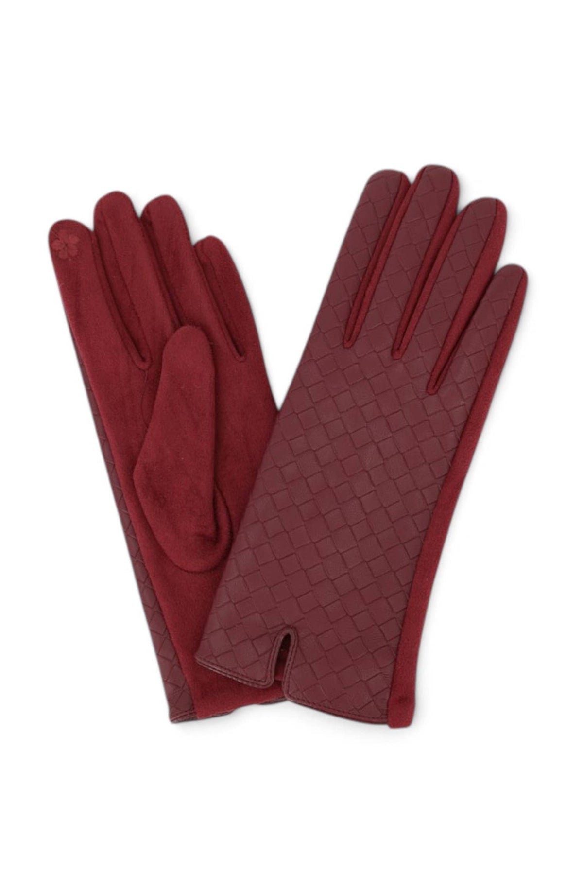 Quilted Faux Leather & Faux Suede Touchscreen Gloves in Burgundy