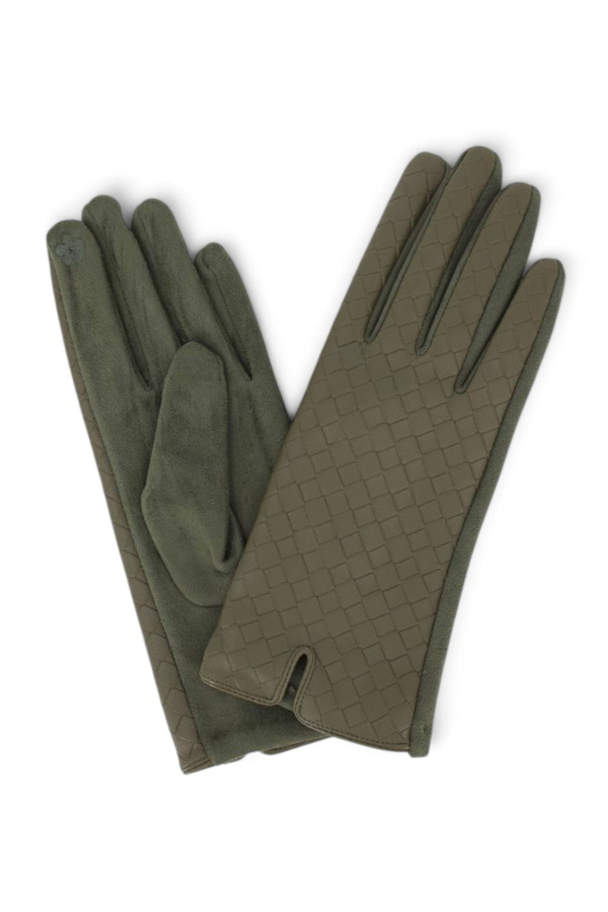 Quilted Faux Leather & Faux Suede Touchscreen Gloves in Olive
