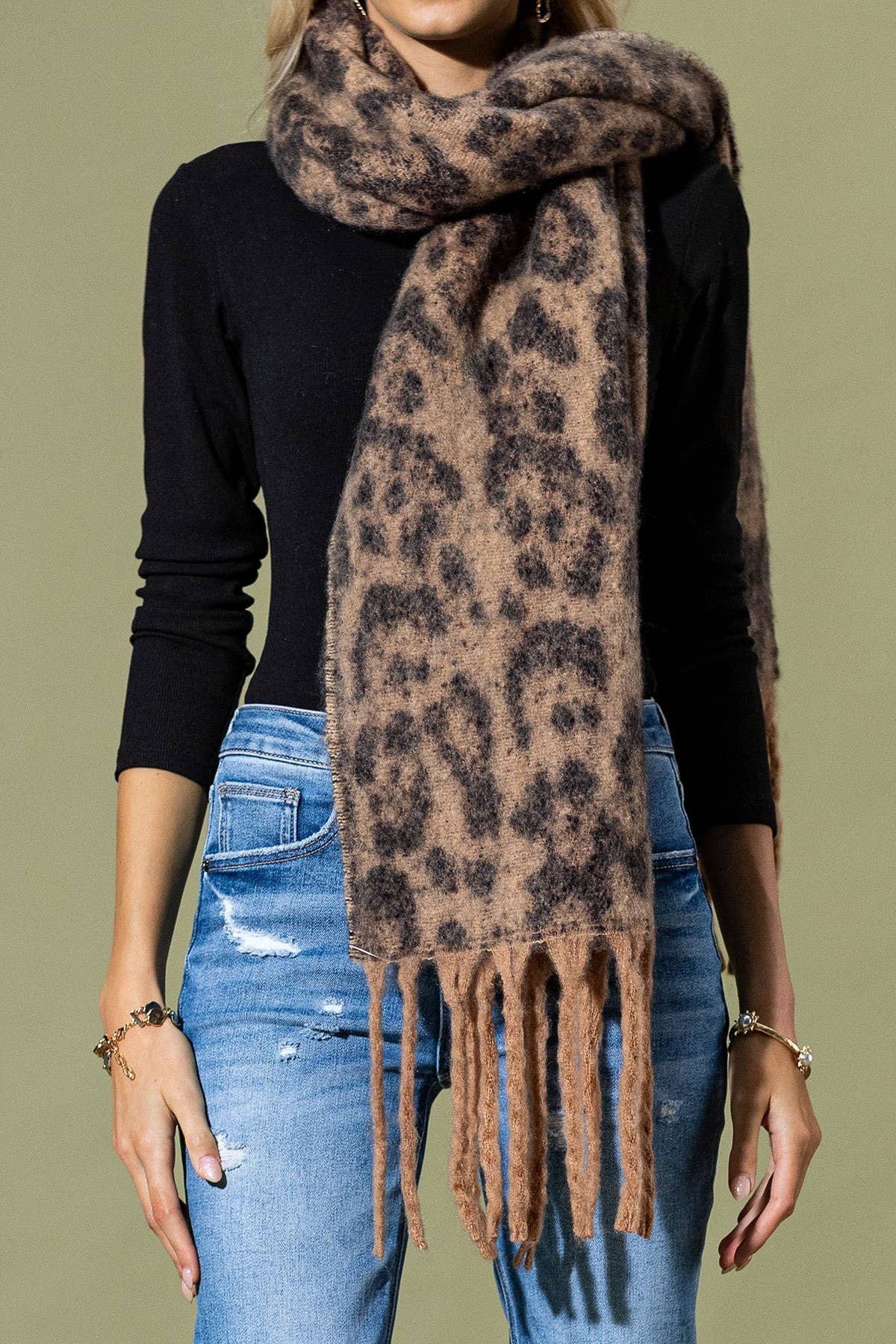 Taupe Leopard Print Fringed Scarf