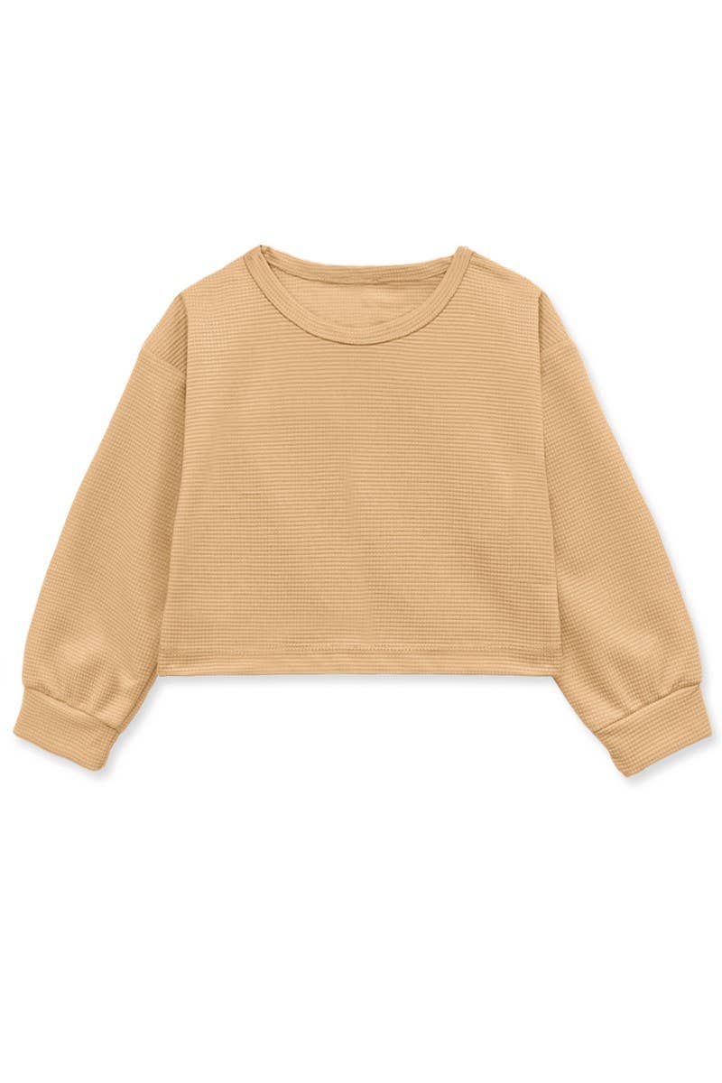 Girls Honey Comb Fabric Pullover Top in Camel 7-14