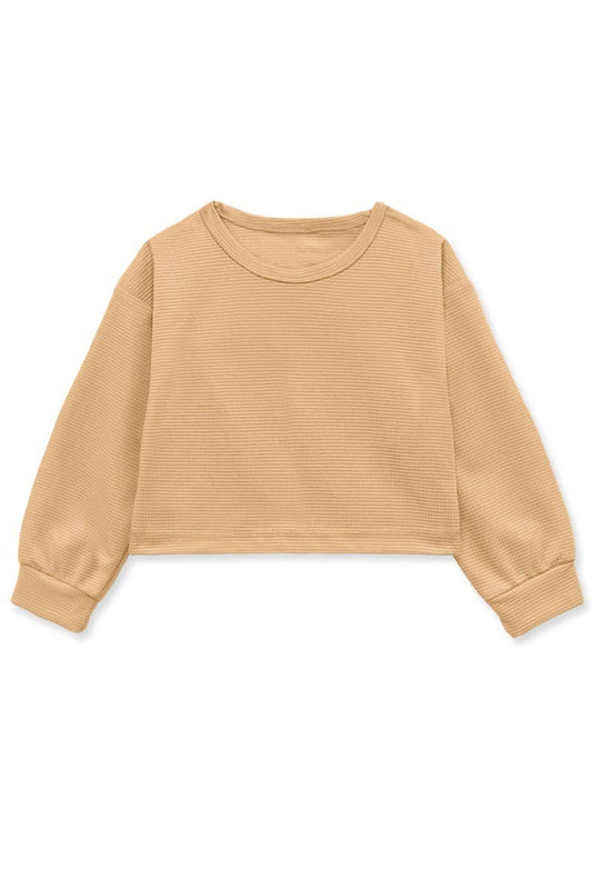 Girls Honey Comb Fabric Pullover Top in Camel 7-14