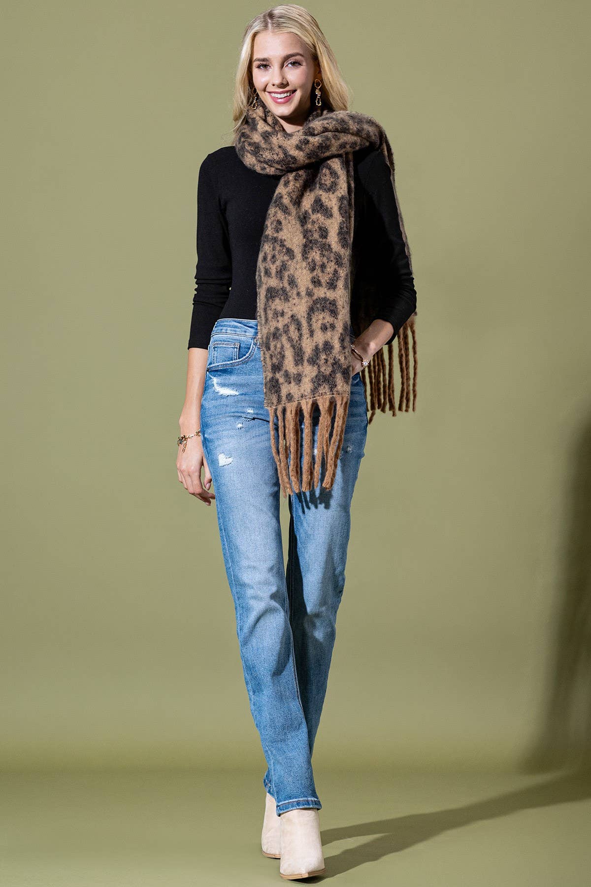 Taupe Leopard Print Fringed Scarf