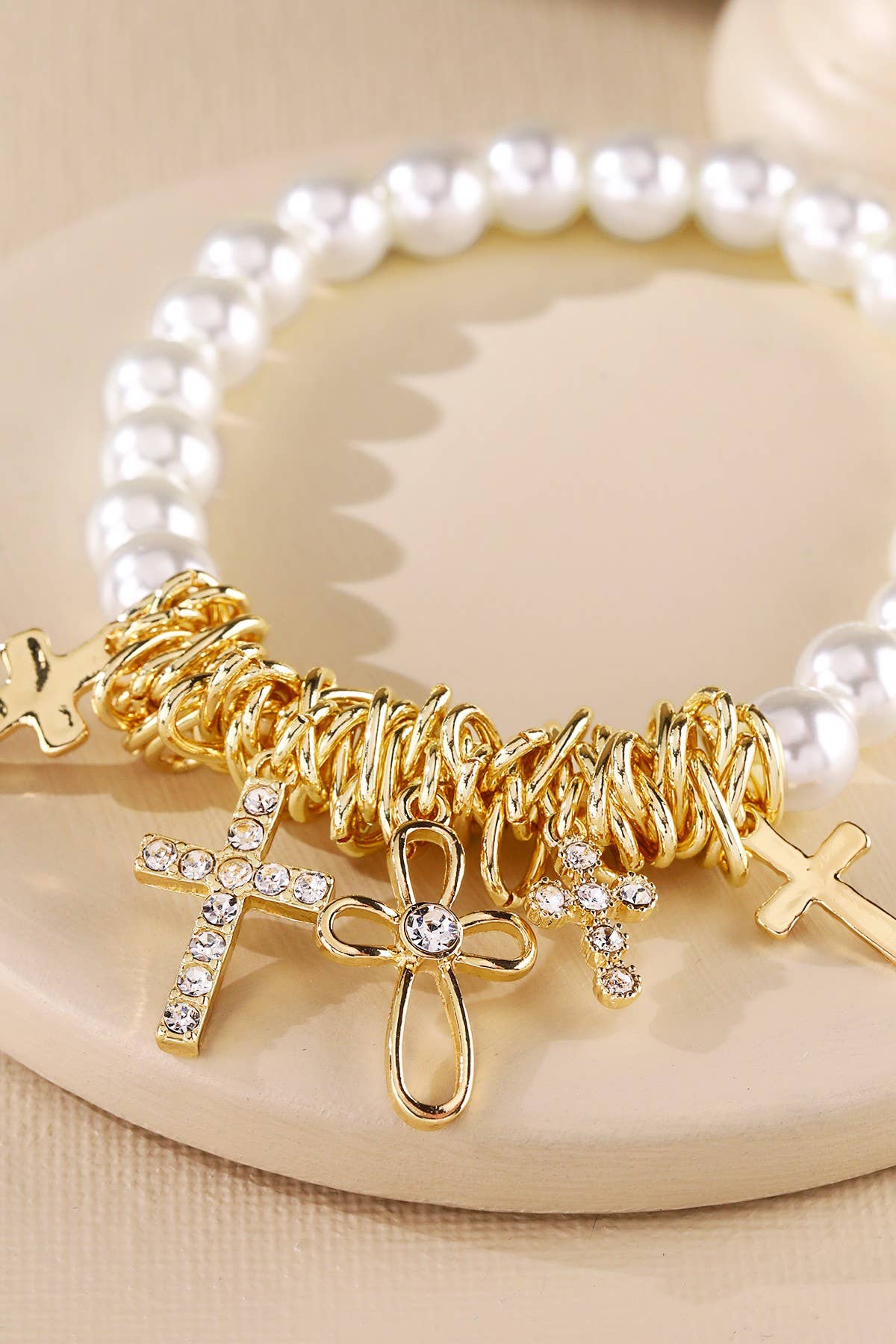 Pearl And Cross Charms Bracelet